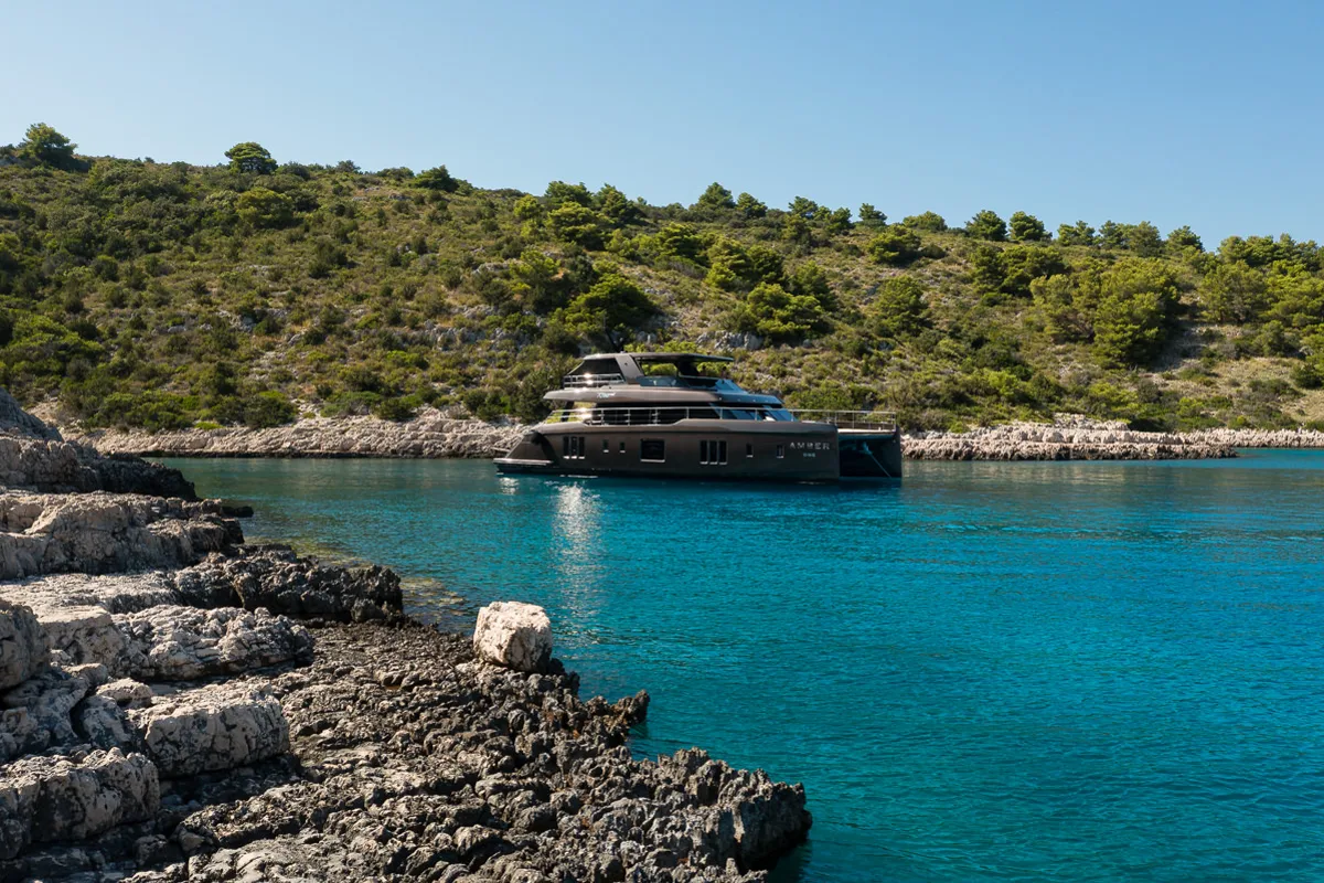 Exterior view of Amber One, a Sunreef 70 Power catamaran at Kaštela, Croatia