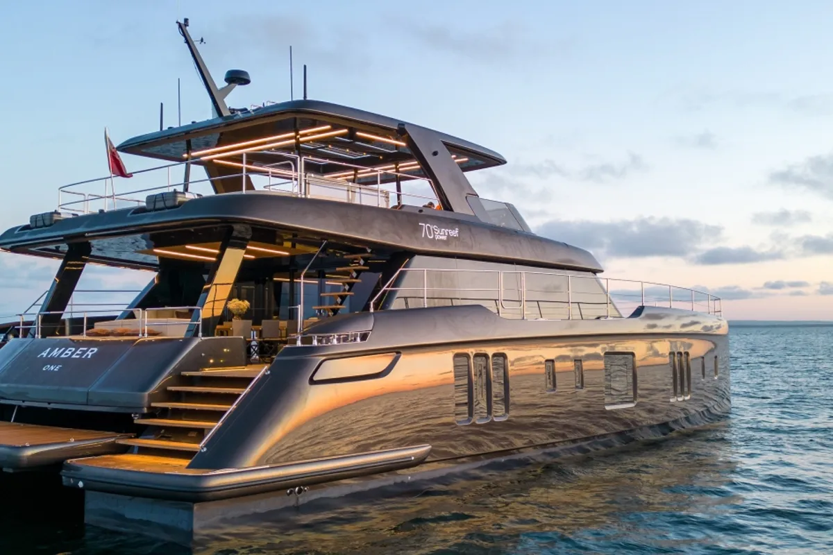 Exterior view of Amber One, a Sunreef 70 Power catamaran at Kaštela, Croatia