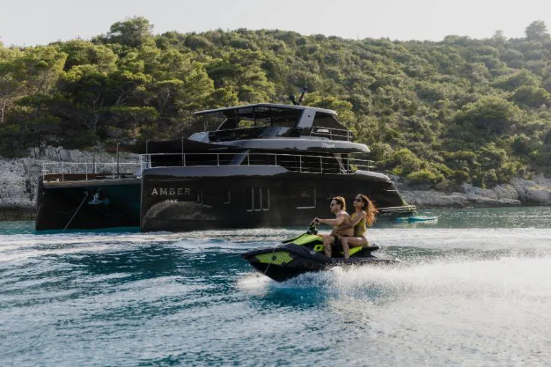 Exterior view of Amber One, a Sunreef 70 Power catamaran at Kaštela, Croatia