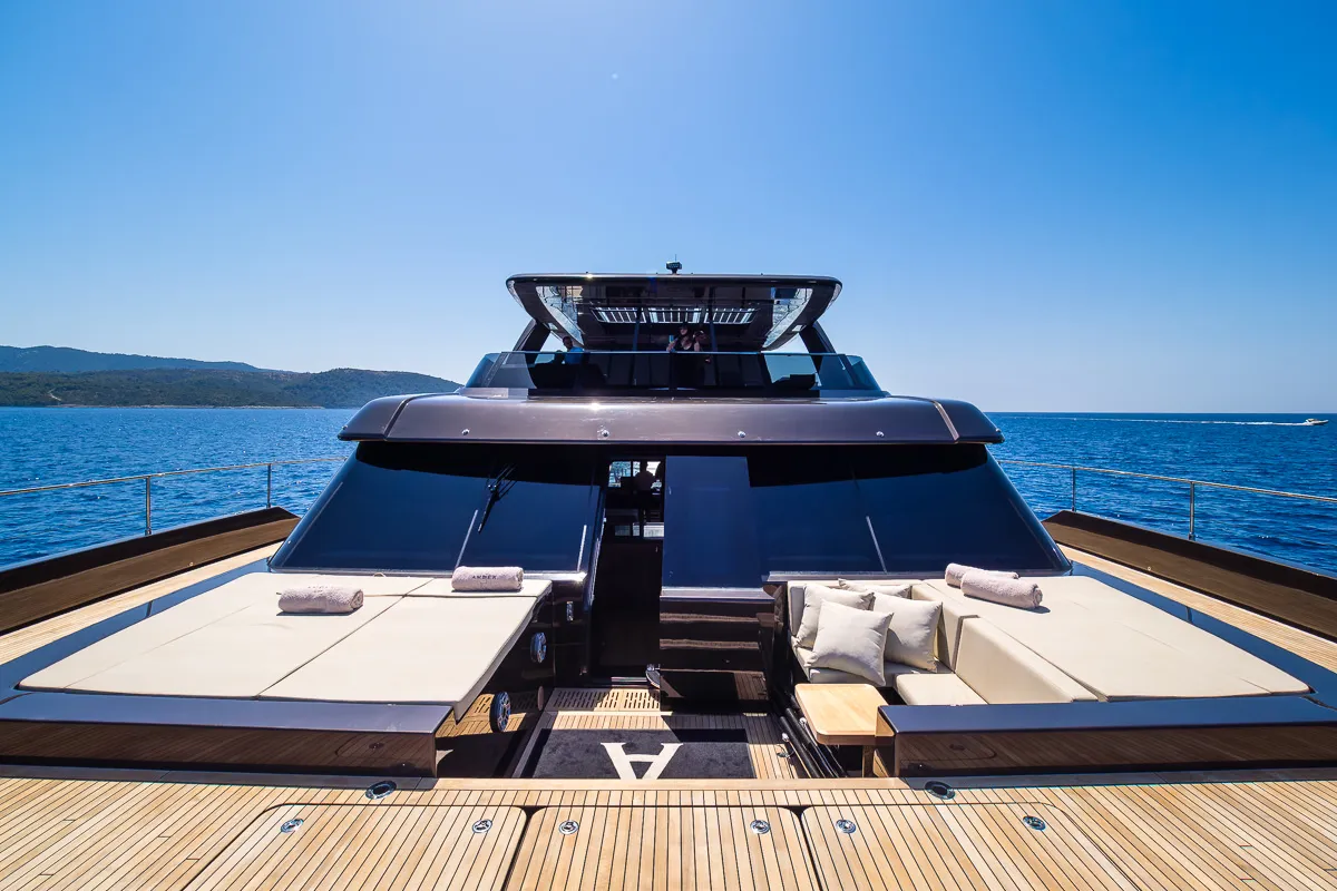 Deck of Amber One, a Sunreef 70 Power catamaran at Kaštela, Croatia