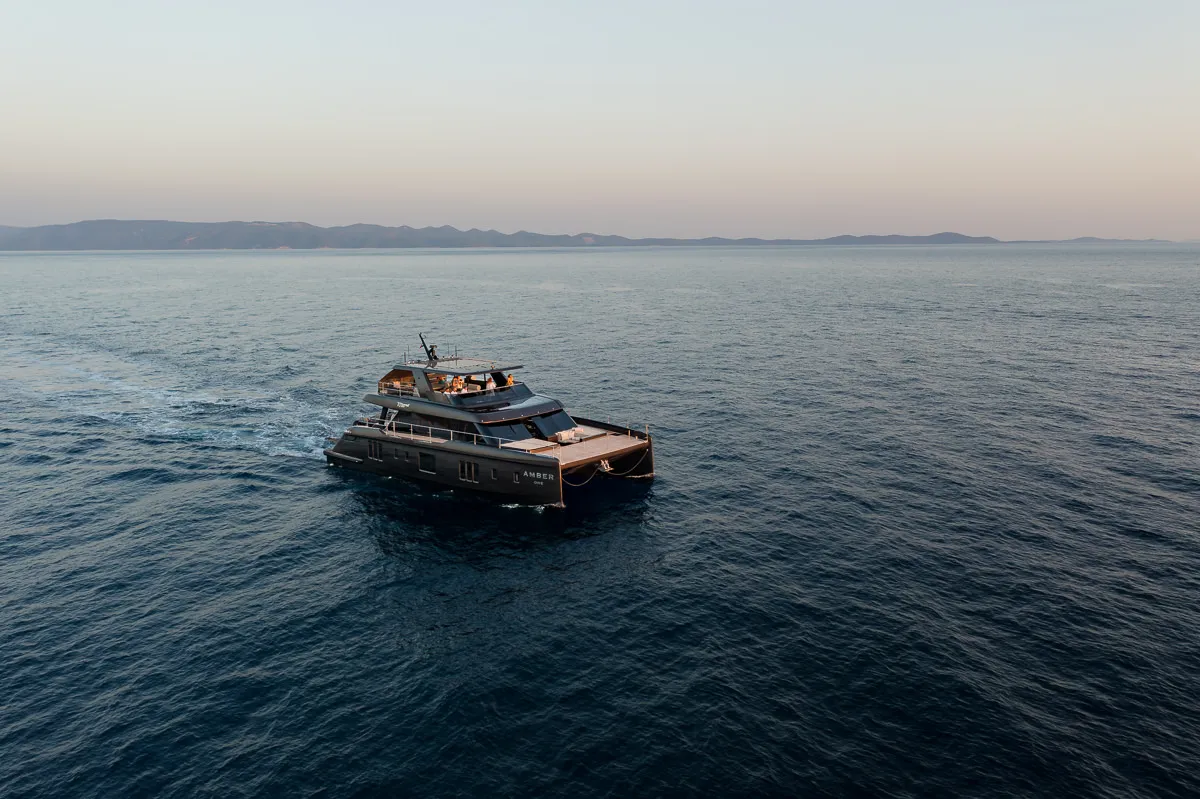 Exterior view of Amber One, a Sunreef 70 Power catamaran at Kaštela, Croatia