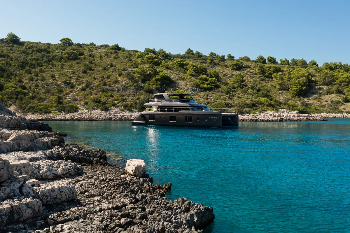 Exterior view of Amber One, a Sunreef 70 Power catamaran at Kaštela, Croatia