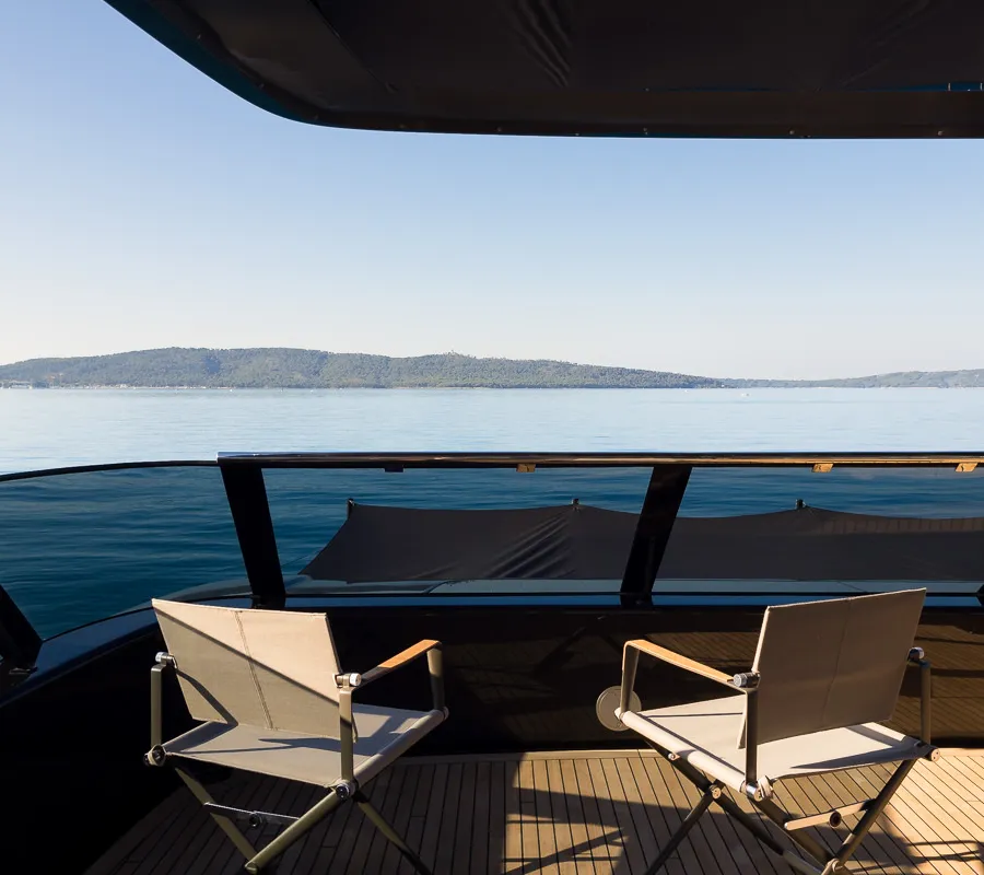 Deck of Amber One, a Sunreef 70 Power catamaran at Kaštela, Croatia