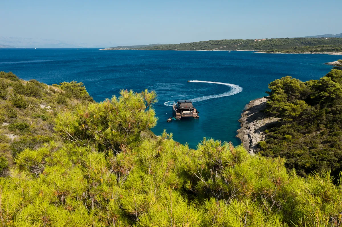 Exterior view of Amber One, a Sunreef 70 Power catamaran at Kaštela, Croatia