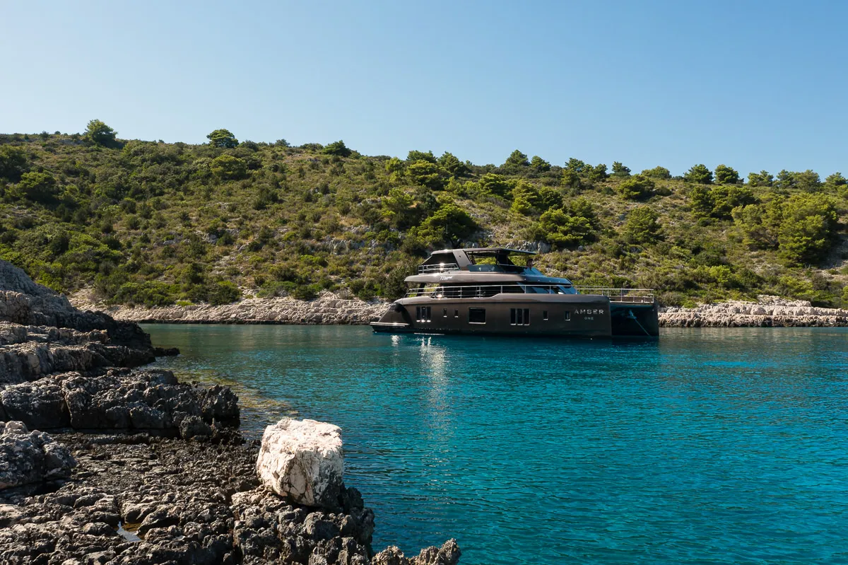 Exterior view of Amber One, a Sunreef 70 Power catamaran at Kaštela, Croatia