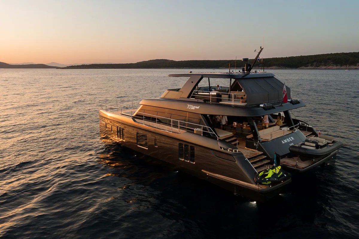 Exterior view of Amber One, a Sunreef 70 Power catamaran at Kaštela, Croatia