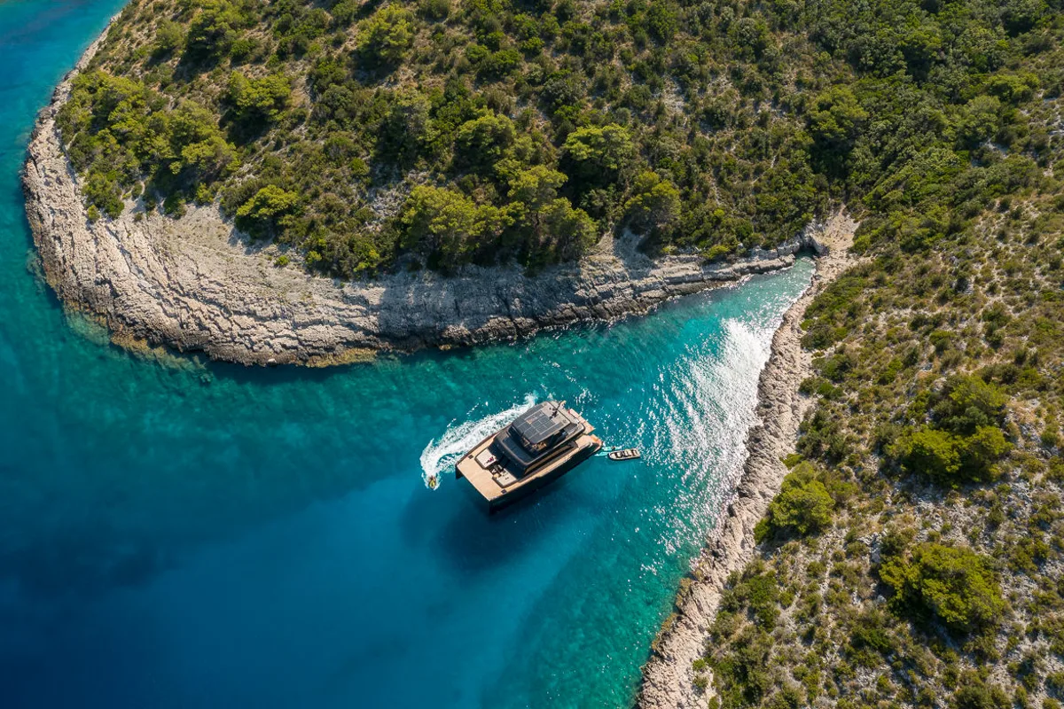Exterior view of Amber One, a Sunreef 70 Power catamaran at Kaštela, Croatia