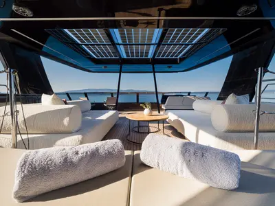 Deck of Amber One, a Sunreef 70 Power catamaran at Kaštela, Croatia