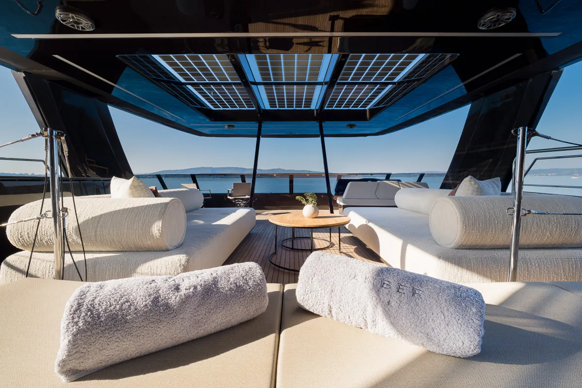 Deck of Amber One, a Sunreef 70 Power catamaran at Kaštela, Croatia
