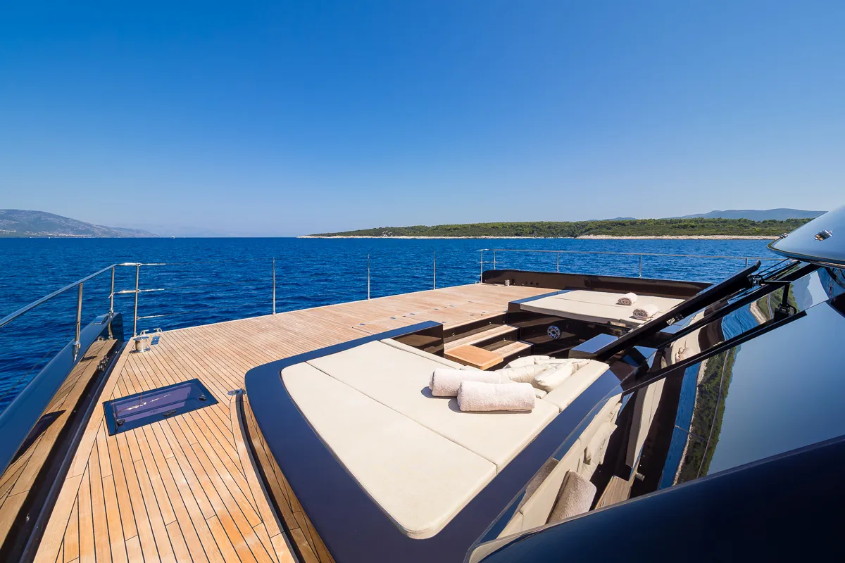 Deck of Amber One, a Sunreef 70 Power catamaran at Kaštela, Croatia