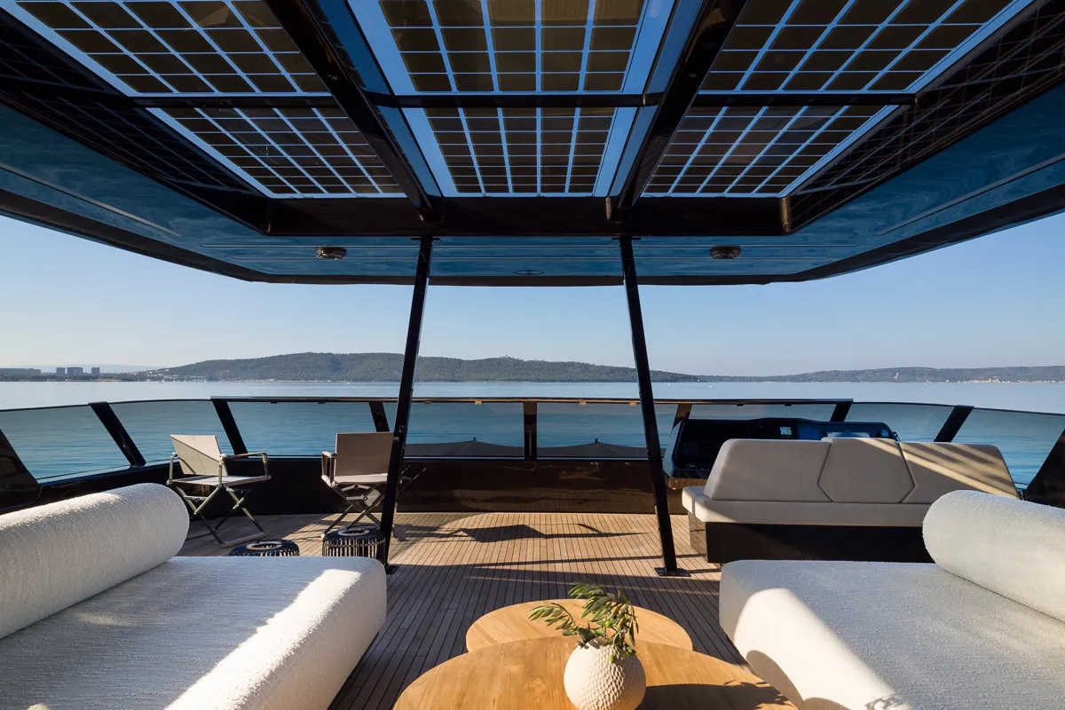 Deck of Amber One, a Sunreef 70 Power catamaran at Kaštela, Croatia