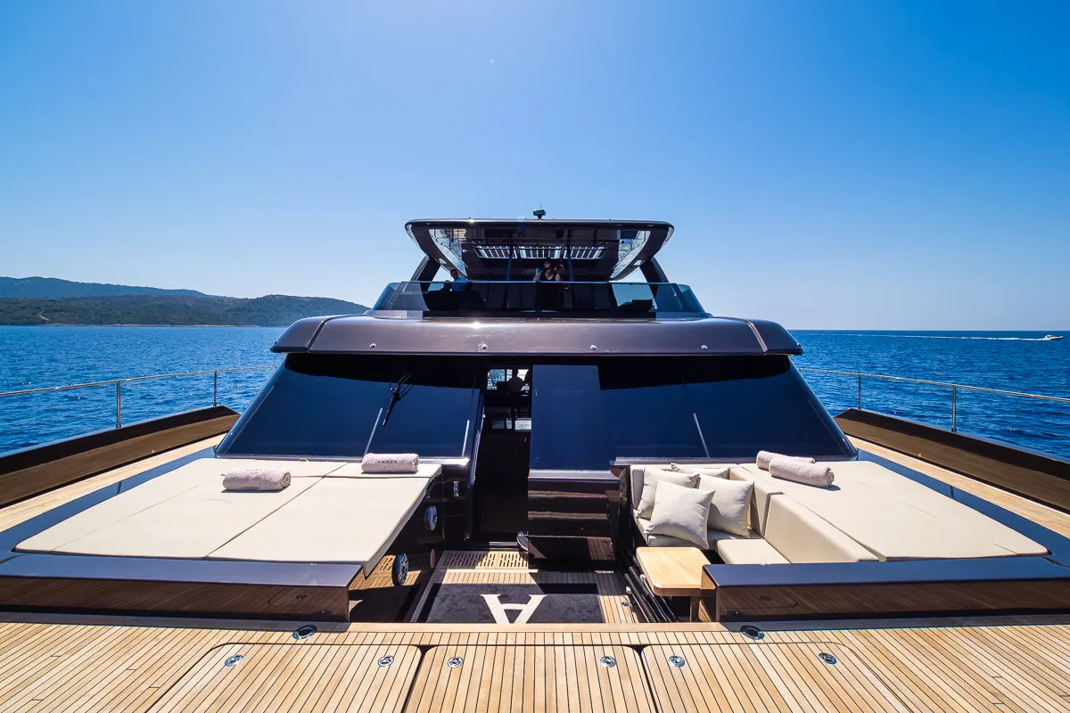 Deck of Amber One, a Sunreef 70 Power catamaran at Kaštela, Croatia