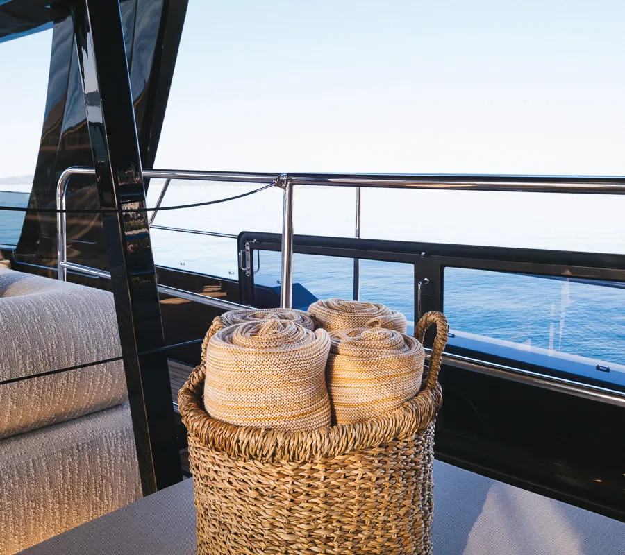 Deck of Amber One, a Sunreef 70 Power catamaran at Kaštela, Croatia