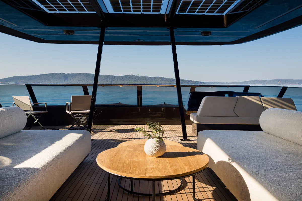 Deck of Amber One, a Sunreef 70 Power catamaran at Kaštela, Croatia