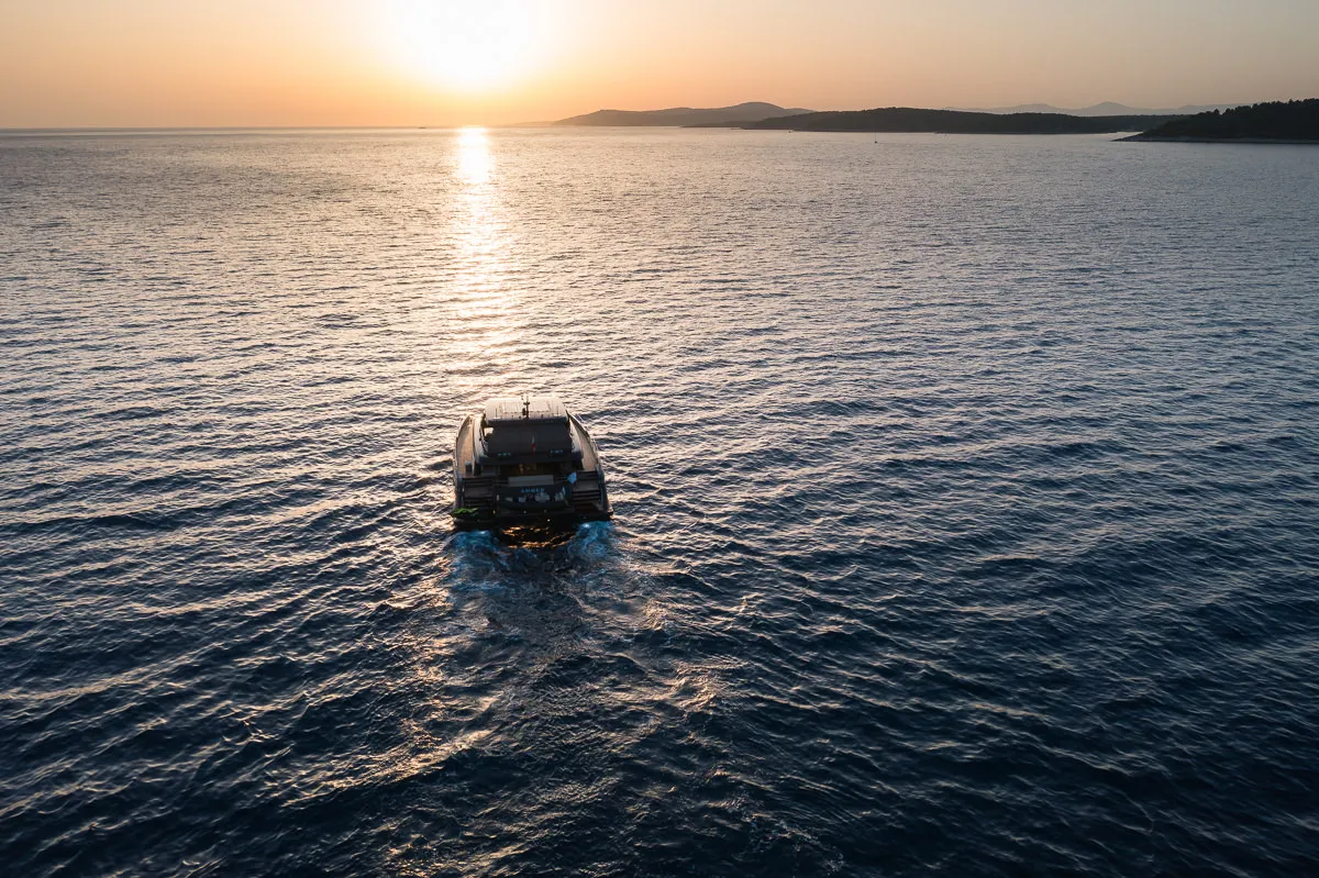 Exterior view of Amber One, a Sunreef 70 Power catamaran at Kaštela, Croatia