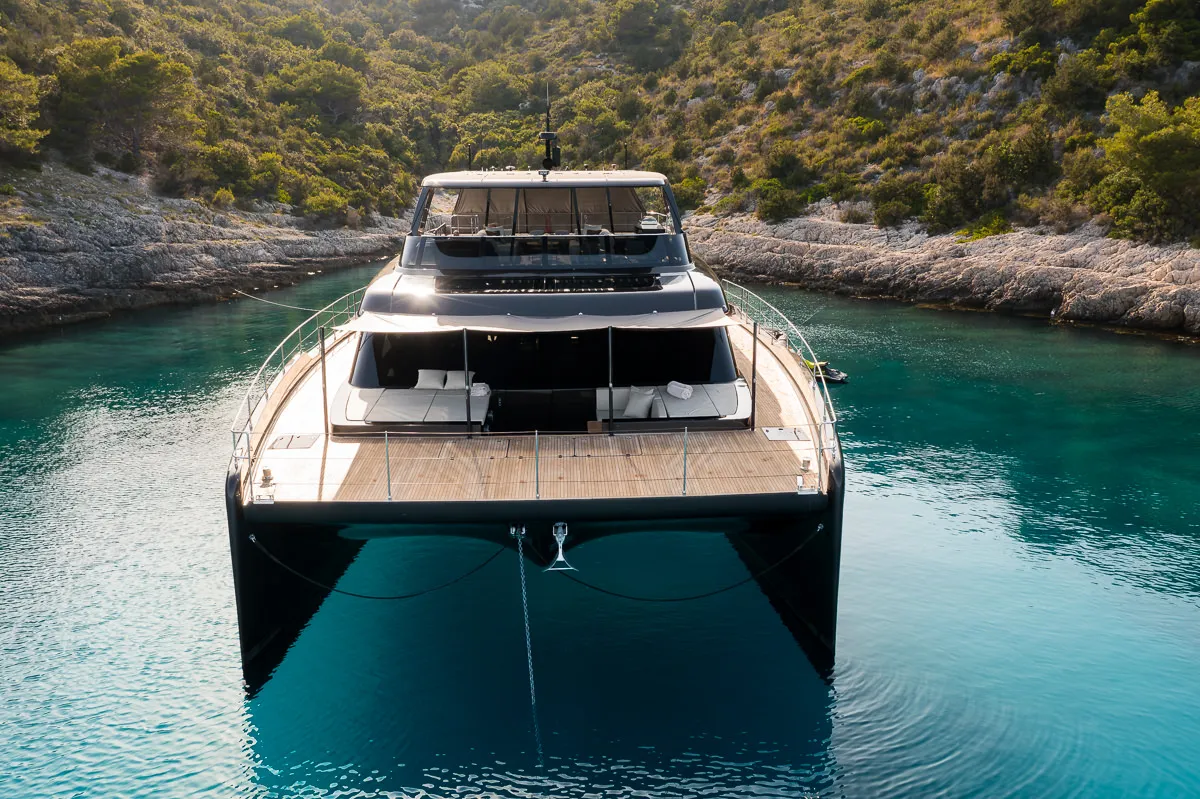 Exterior view of Amber One, a Sunreef 70 Power catamaran at Kaštela, Croatia