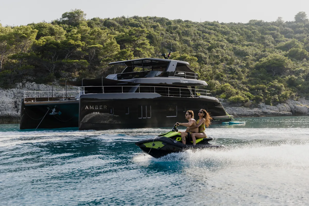 Exterior view of Amber One, a Sunreef 70 Power catamaran at Kaštela, Croatia