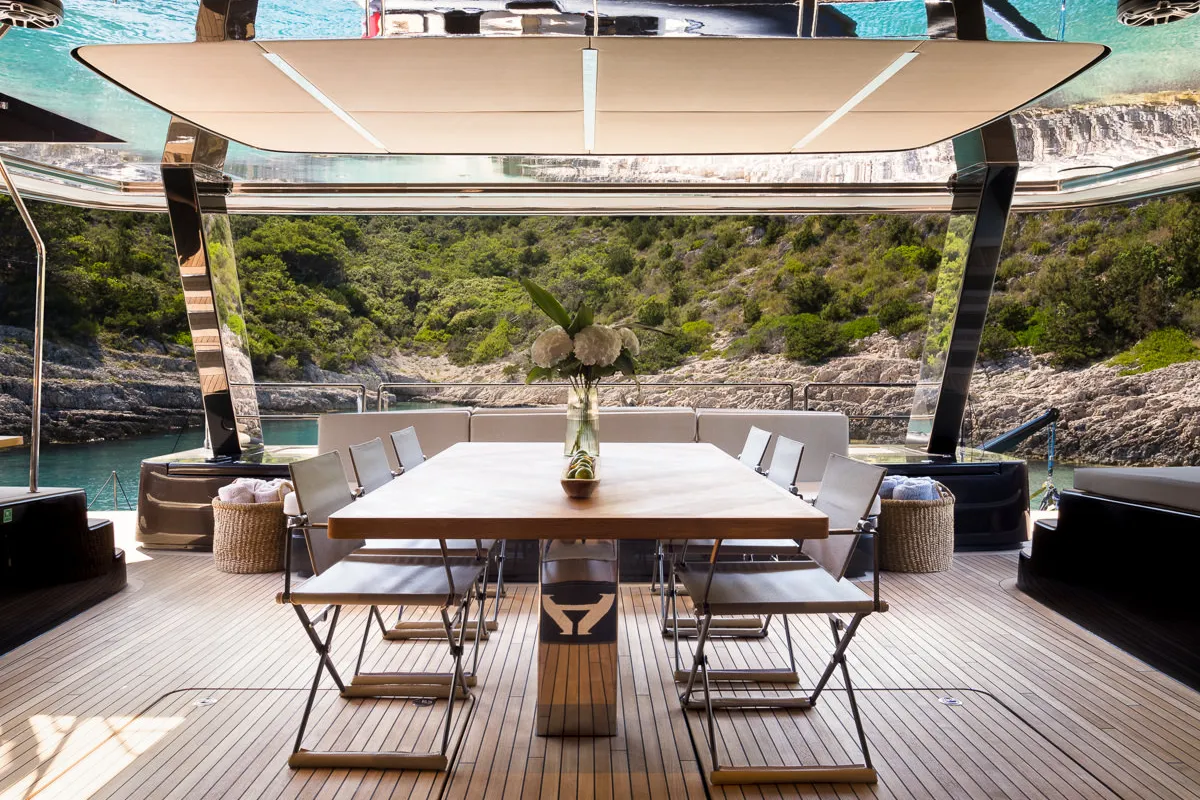 Deck of Amber One, a Sunreef 70 Power catamaran at Kaštela, Croatia