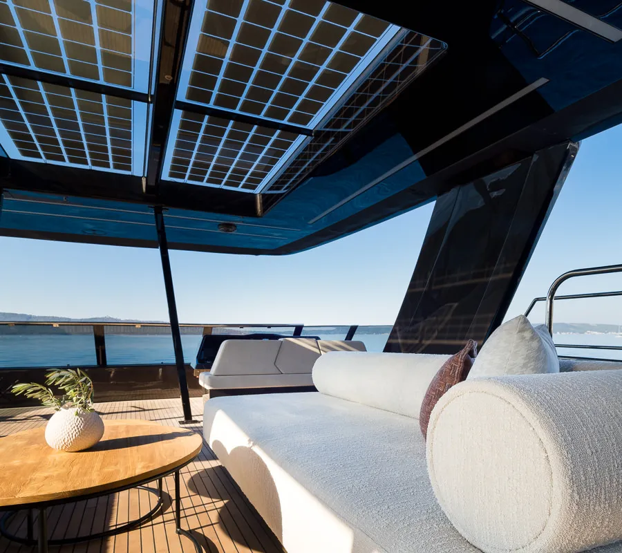 Deck of Amber One, a Sunreef 70 Power catamaran at Kaštela, Croatia