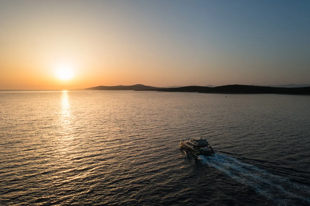 Exterior view of Amber One, a Sunreef 70 Power catamaran at Kaštela, Croatia