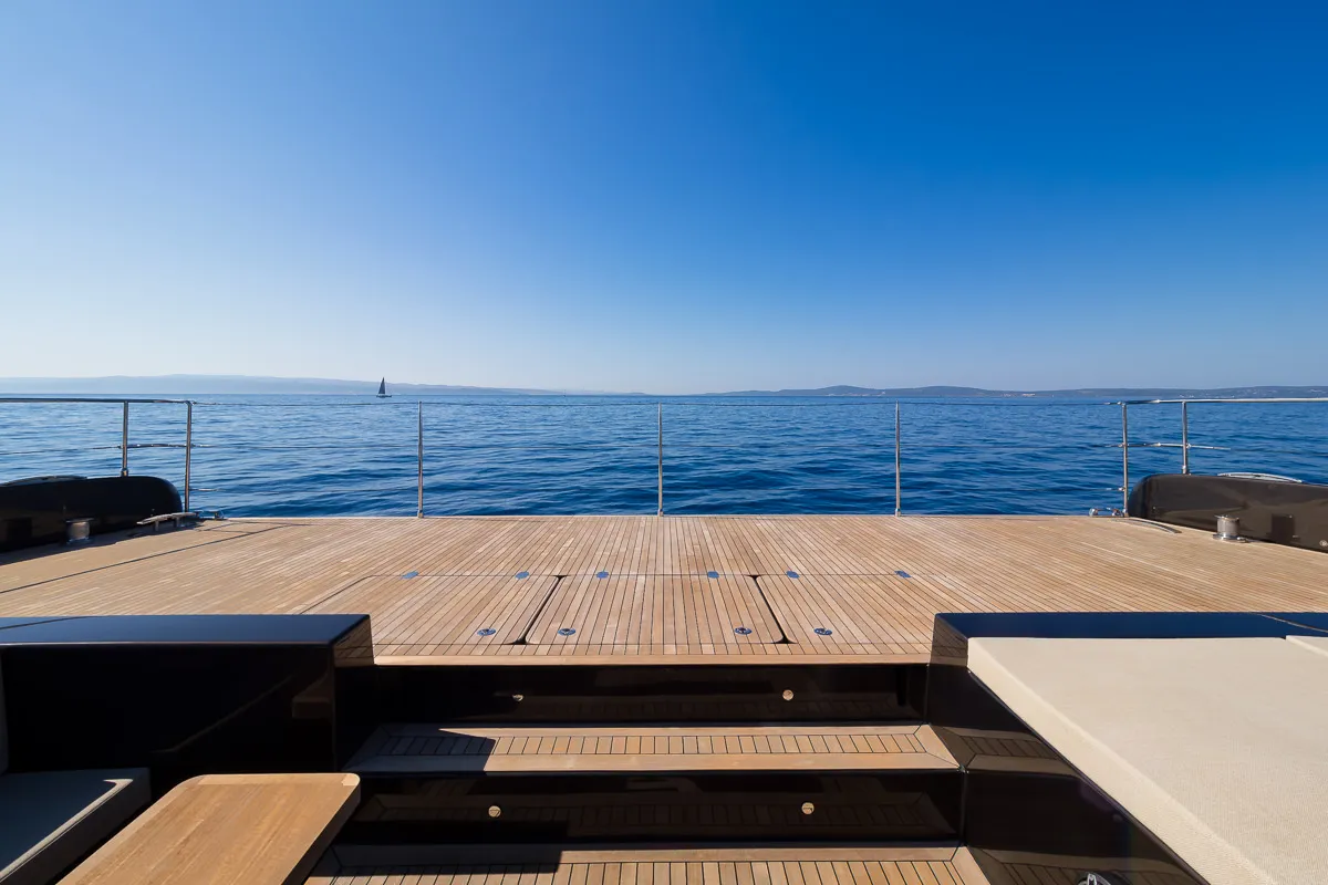 Deck of Amber One, a Sunreef 70 Power catamaran at Kaštela, Croatia