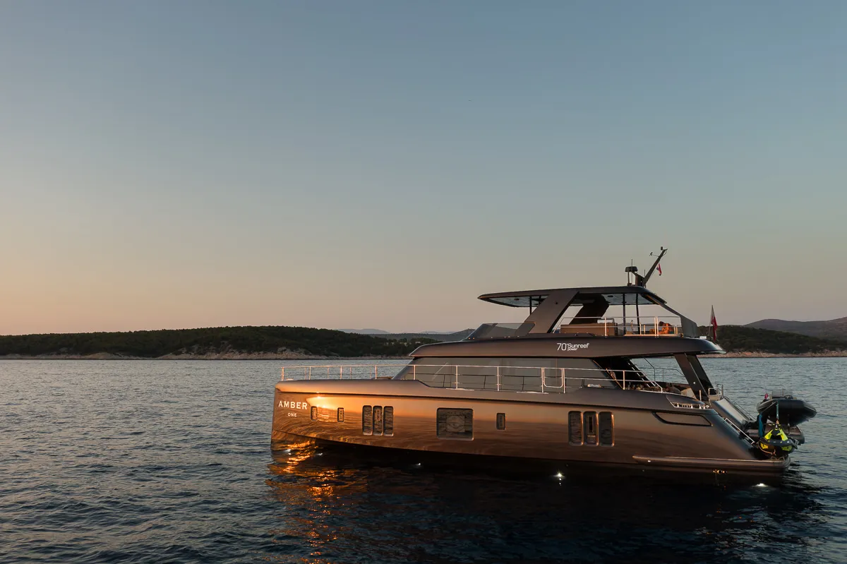 Exterior view of Amber One, a Sunreef 70 Power catamaran at Kaštela, Croatia