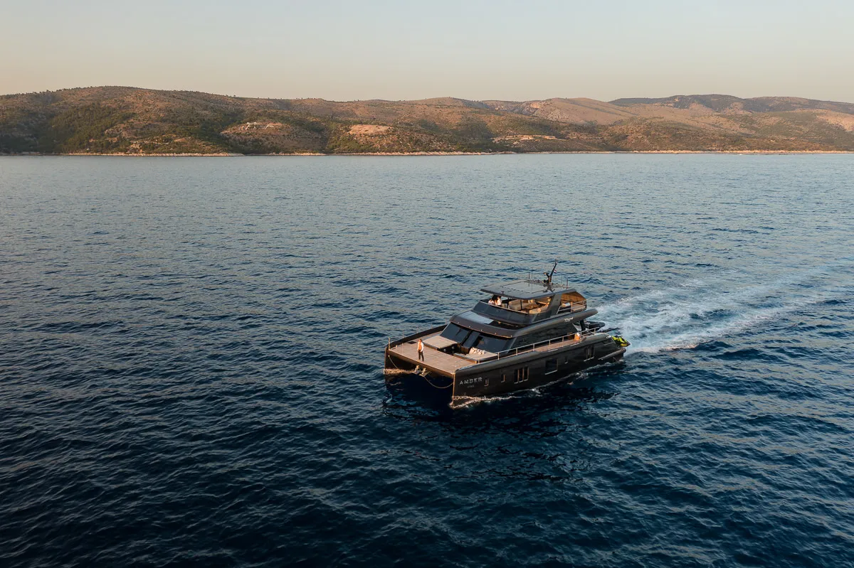 Exterior view of Amber One, a Sunreef 70 Power catamaran at Kaštela, Croatia