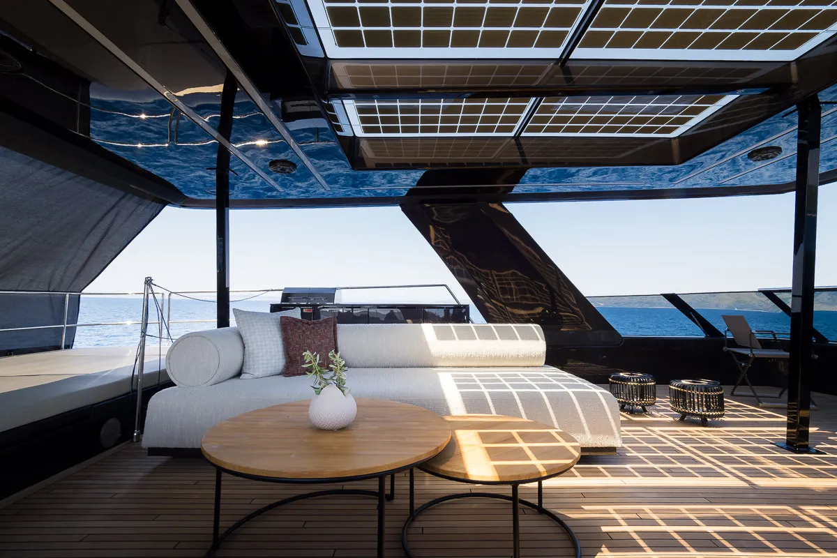 Deck of Amber One, a Sunreef 70 Power catamaran at Kaštela, Croatia