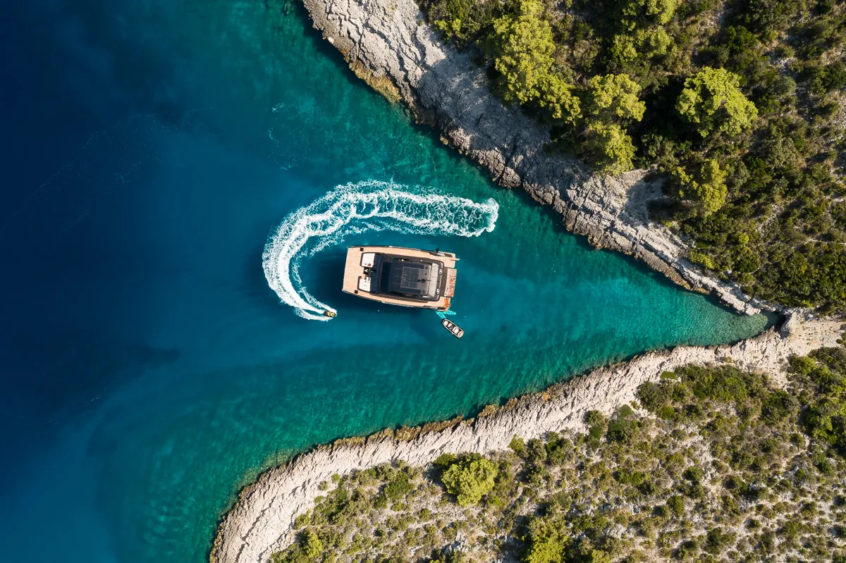 Exterior view of Amber One, a Sunreef 70 Power catamaran at Kaštela, Croatia