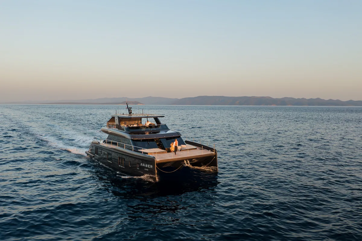 Exterior view of Amber One, a Sunreef 70 Power catamaran at Kaštela, Croatia
