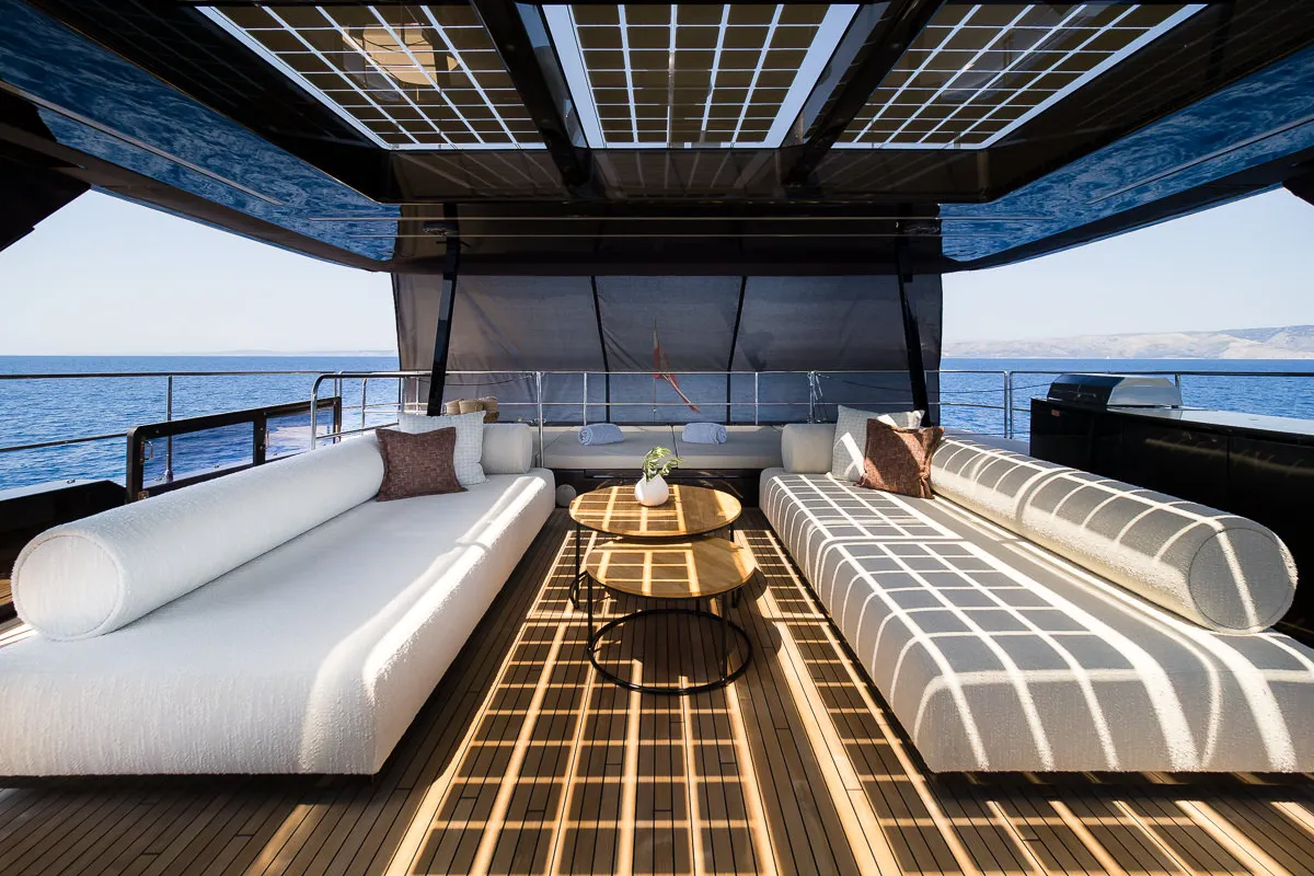 Deck of Amber One, a Sunreef 70 Power catamaran at Kaštela, Croatia