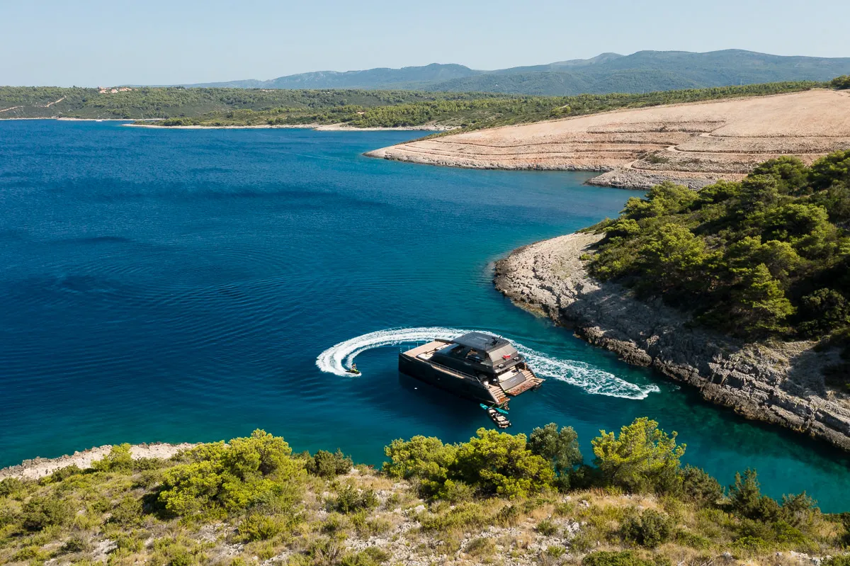 Exterior view of Amber One, a Sunreef 70 Power catamaran at Kaštela, Croatia