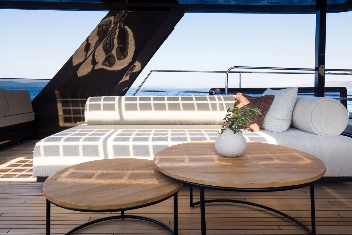 Deck of Amber One, a Sunreef 70 Power catamaran at Kaštela, Croatia