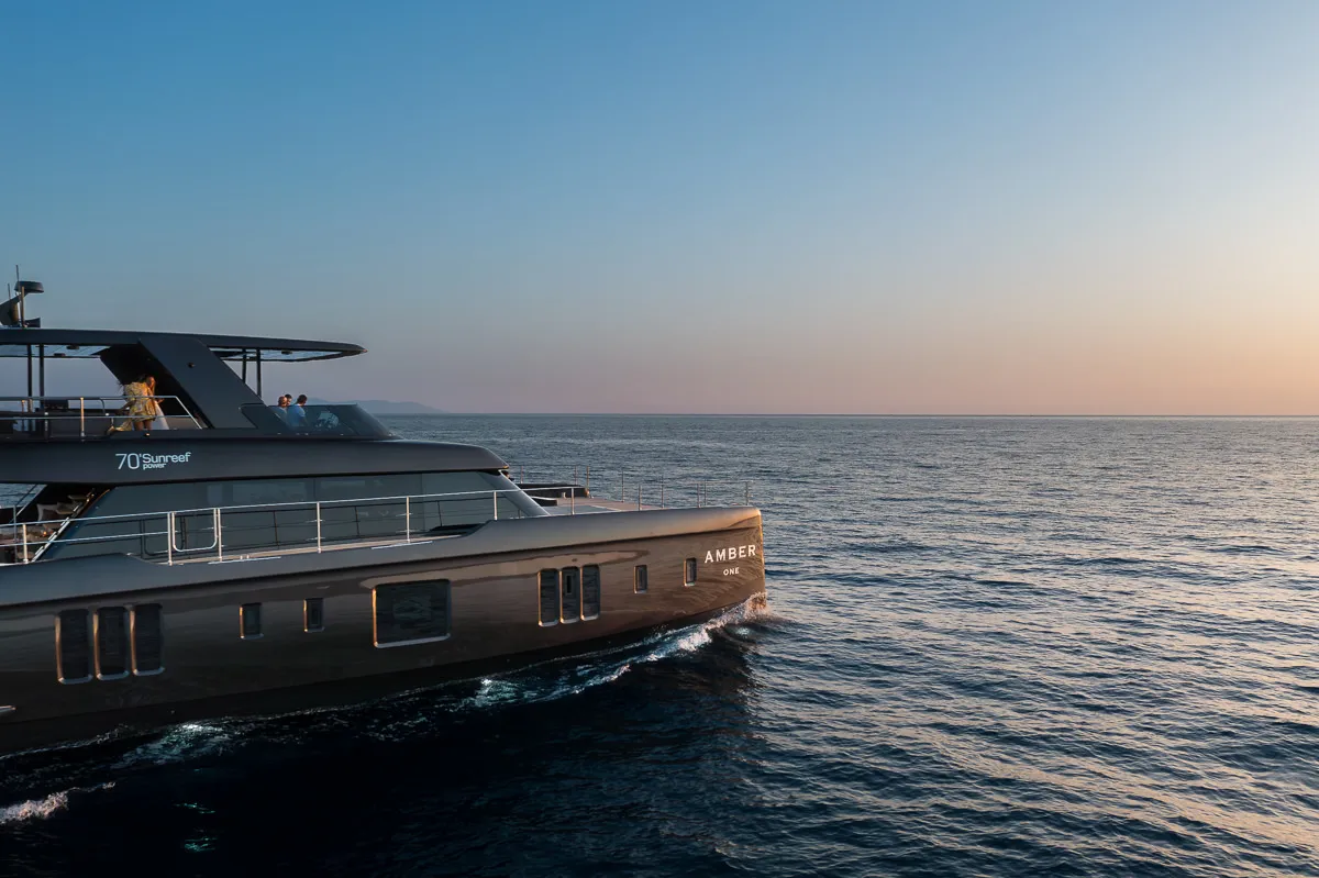 Exterior view of Amber One, a Sunreef 70 Power catamaran at Kaštela, Croatia