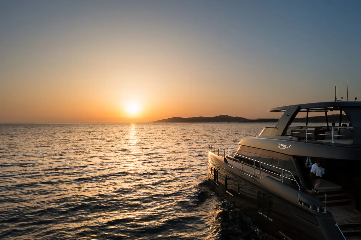 Exterior view of Amber One, a Sunreef 70 Power catamaran at Kaštela, Croatia
