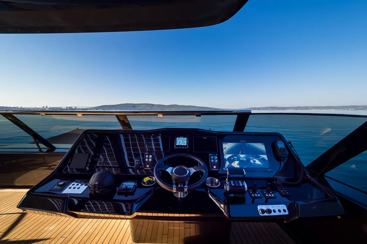 Cockpit of Amber One, a Sunreef 70 Power catamaran at Kaštela, Croatia