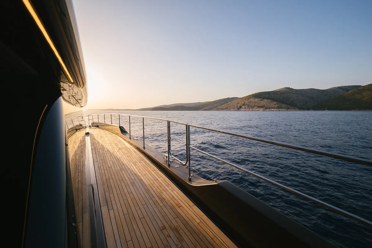 Deck of Amber One, a Sunreef 70 Power catamaran at Kaštela, Croatia