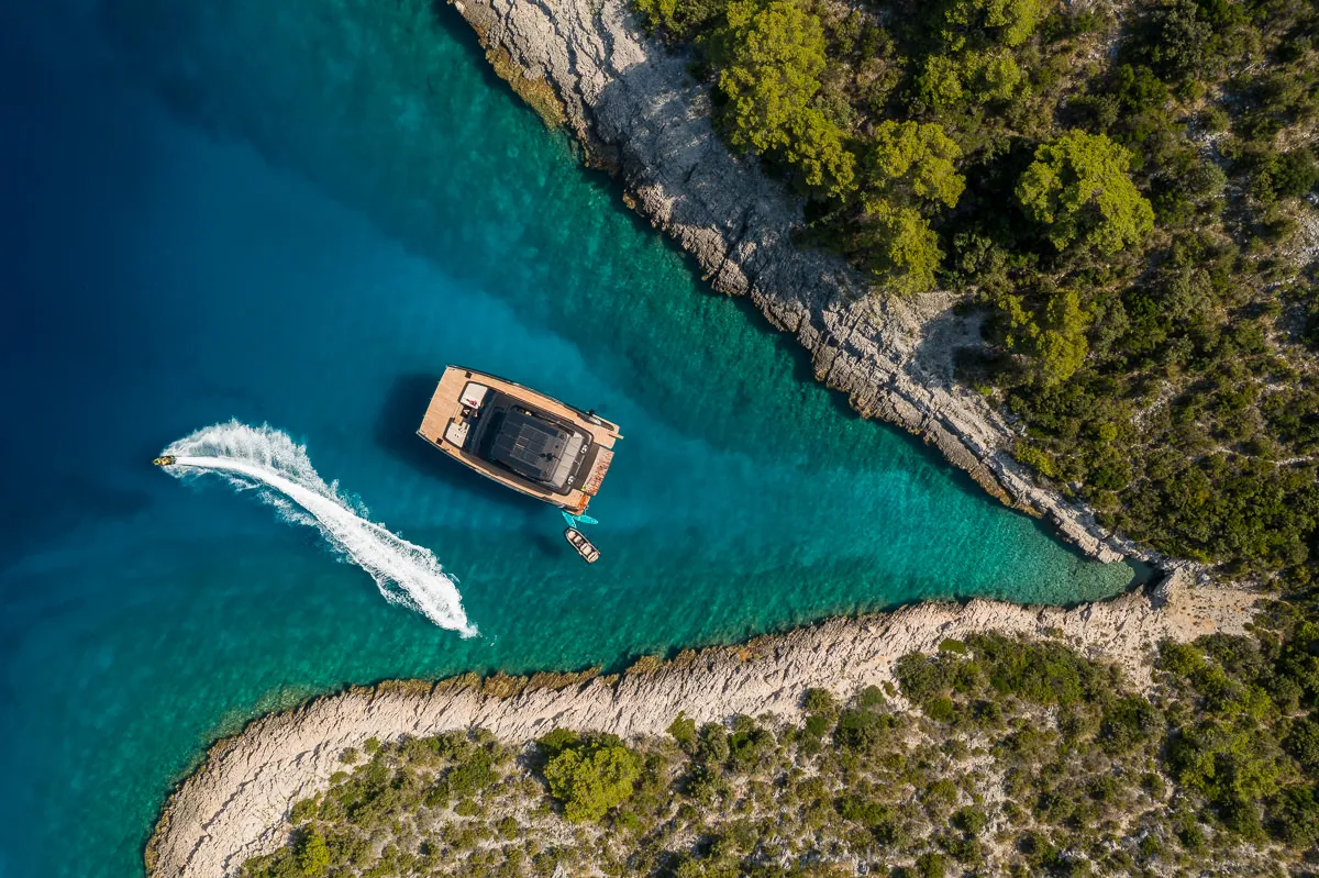 Exterior view of Amber One, a Sunreef 70 Power catamaran at Kaštela, Croatia