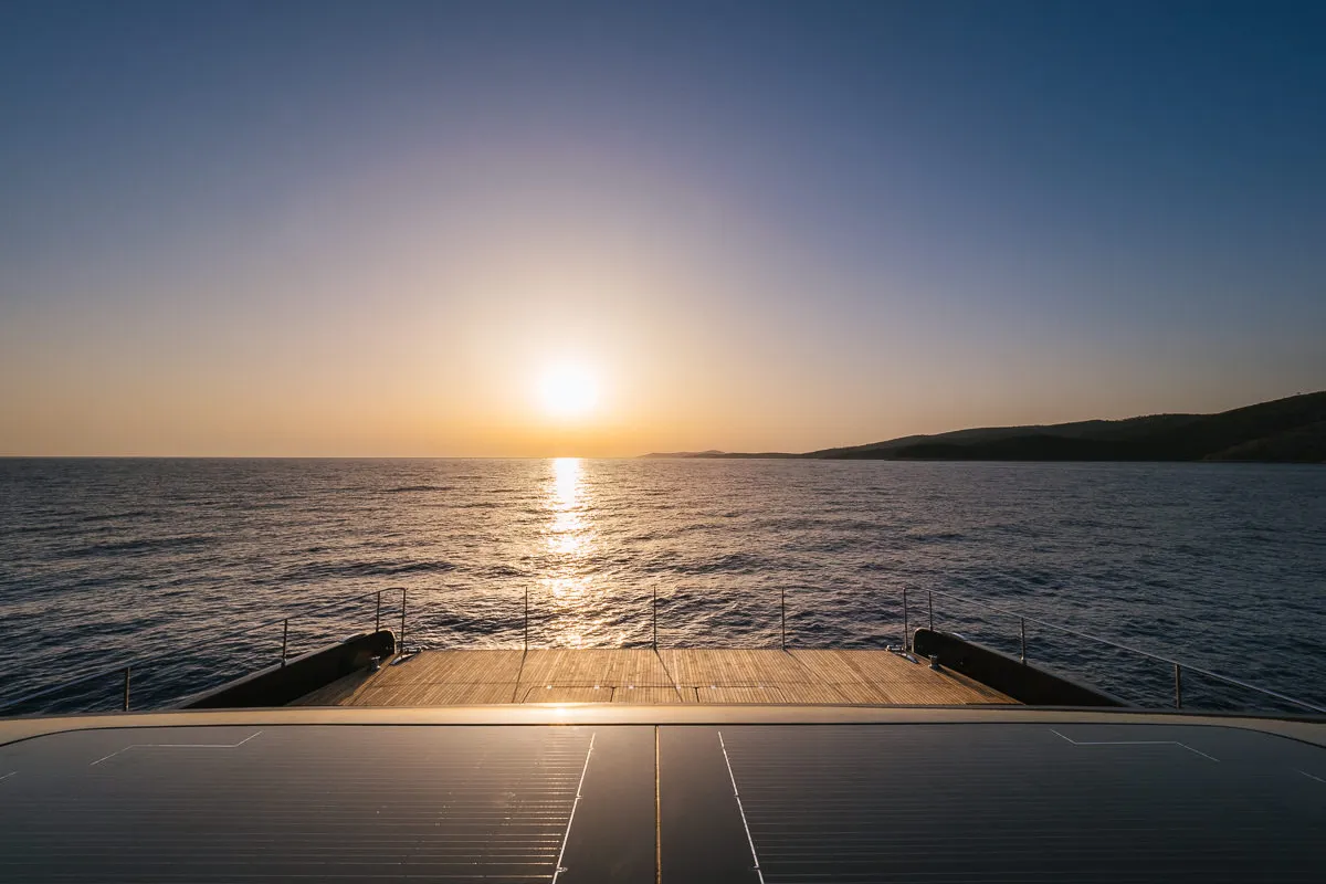 Exterior view of Amber One, a Sunreef 70 Power catamaran at Kaštela, Croatia