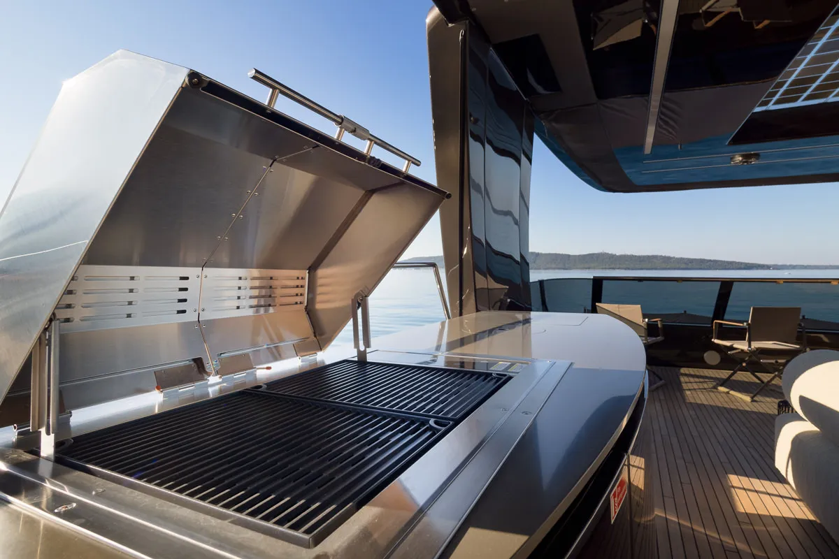 Deck of Amber One, a Sunreef 70 Power catamaran at Kaštela, Croatia
