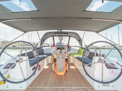 Cockpit of First Passion, a Beneteau Oceanis 40.1 sailboat at Skradin, Croatia