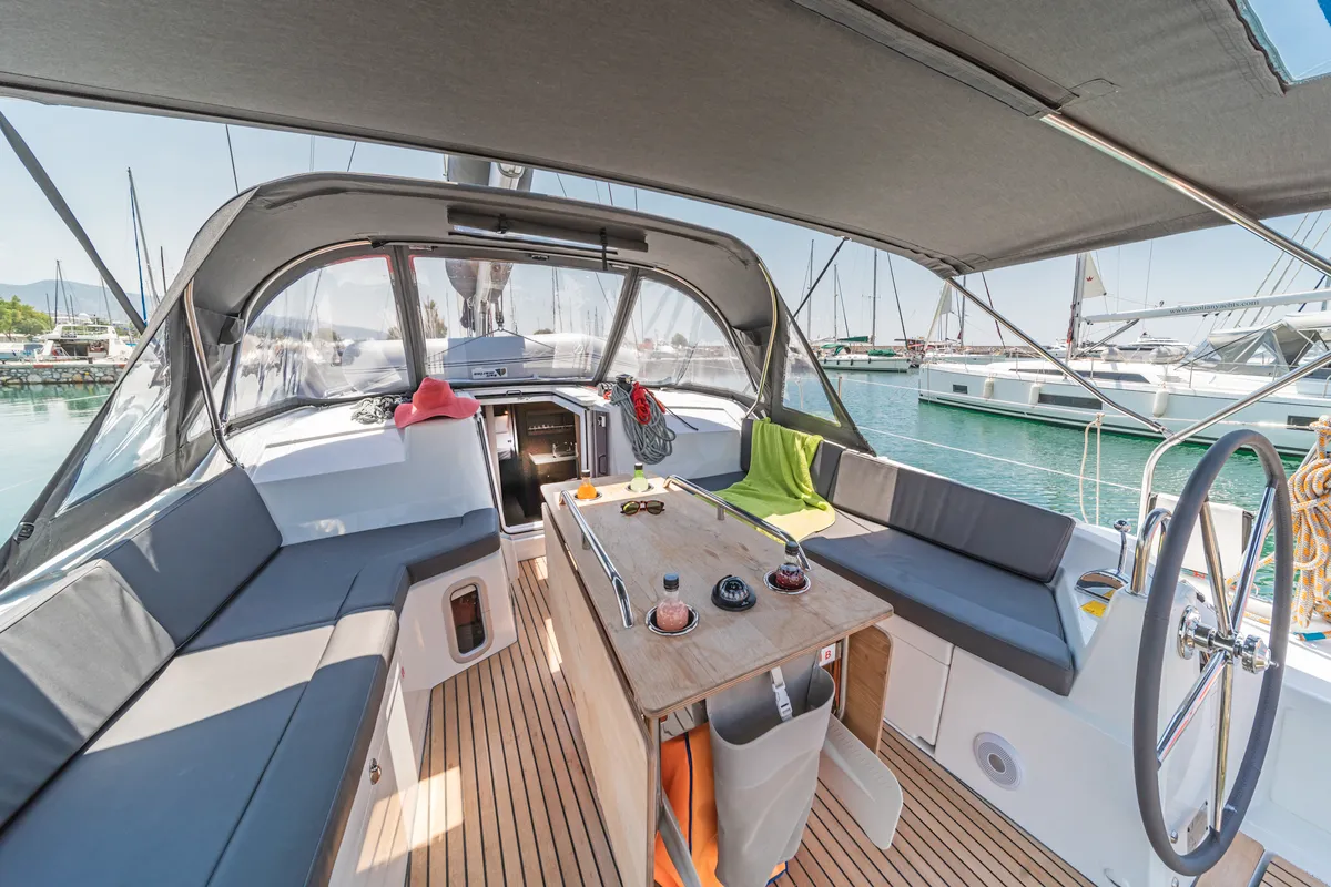 Cockpit of First Passion, a Beneteau Oceanis 40.1 sailboat at Skradin, Croatia