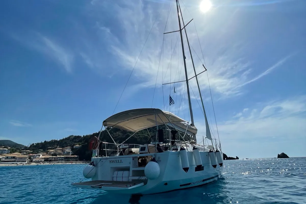 Exterior view of Souel, a Dufour 390 GL sailboat at Municipal Unit of Apollonioi, Greece