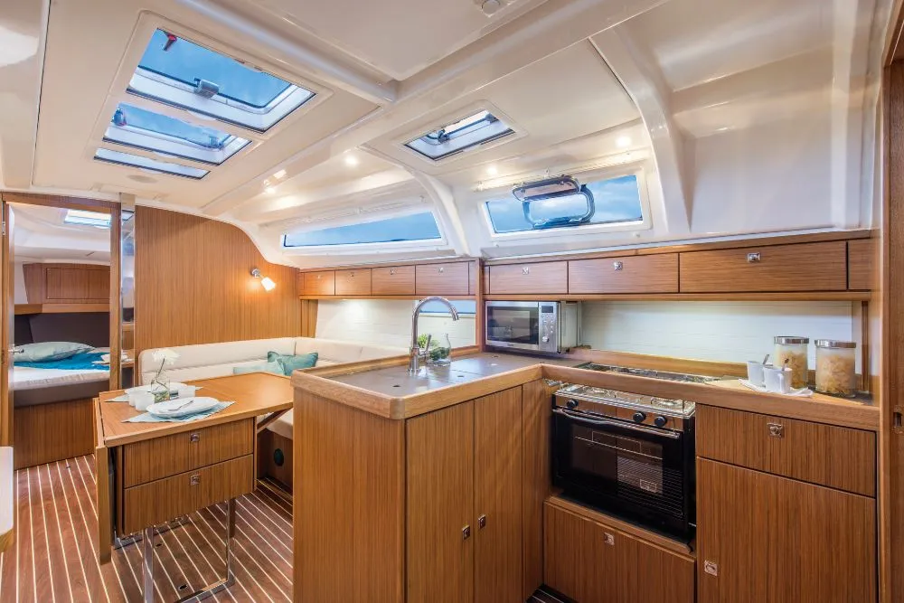 Galley of Snelly, a Bavaria Cruiser 37 sailboat at Punat, Croatia