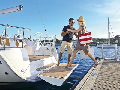 Deck of Snelly, a Bavaria Cruiser 37 sailboat at Punat, Croatia