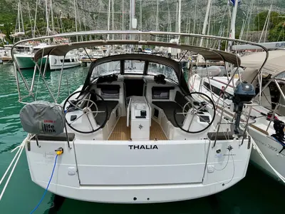Cockpit of Thalia, a Jeanneau Sun Odyssey 410 sailboat at Grad Pula, Croatia
