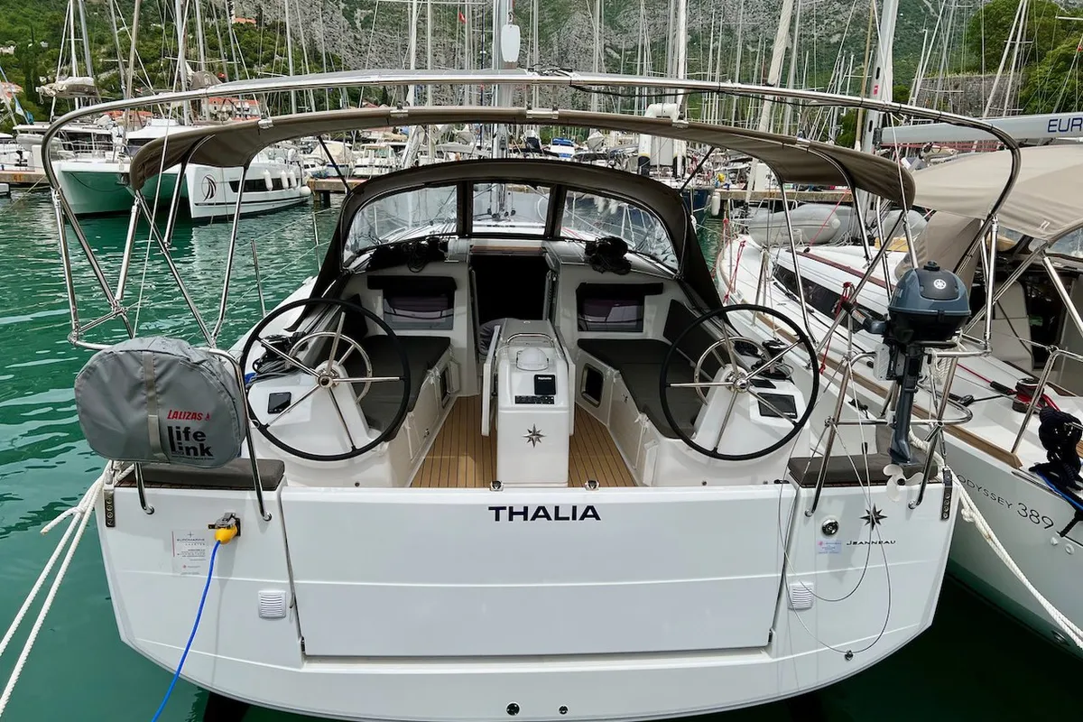 Cockpit of Thalia, a Jeanneau Sun Odyssey 410 sailboat at Grad Pula, Croatia