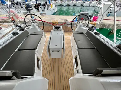 Deck of Thalia, a Jeanneau Sun Odyssey 410 sailboat at Grad Pula, Croatia