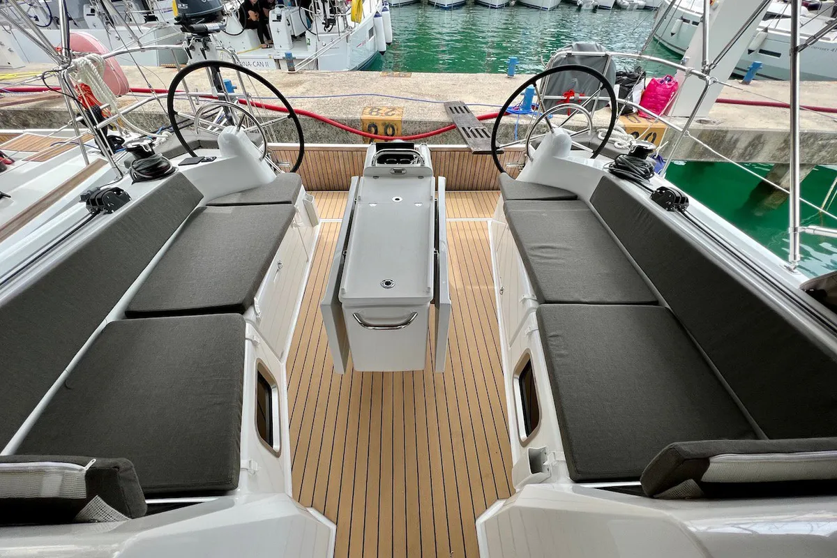 Deck of Thalia, a Jeanneau Sun Odyssey 410 sailboat at Grad Pula, Croatia