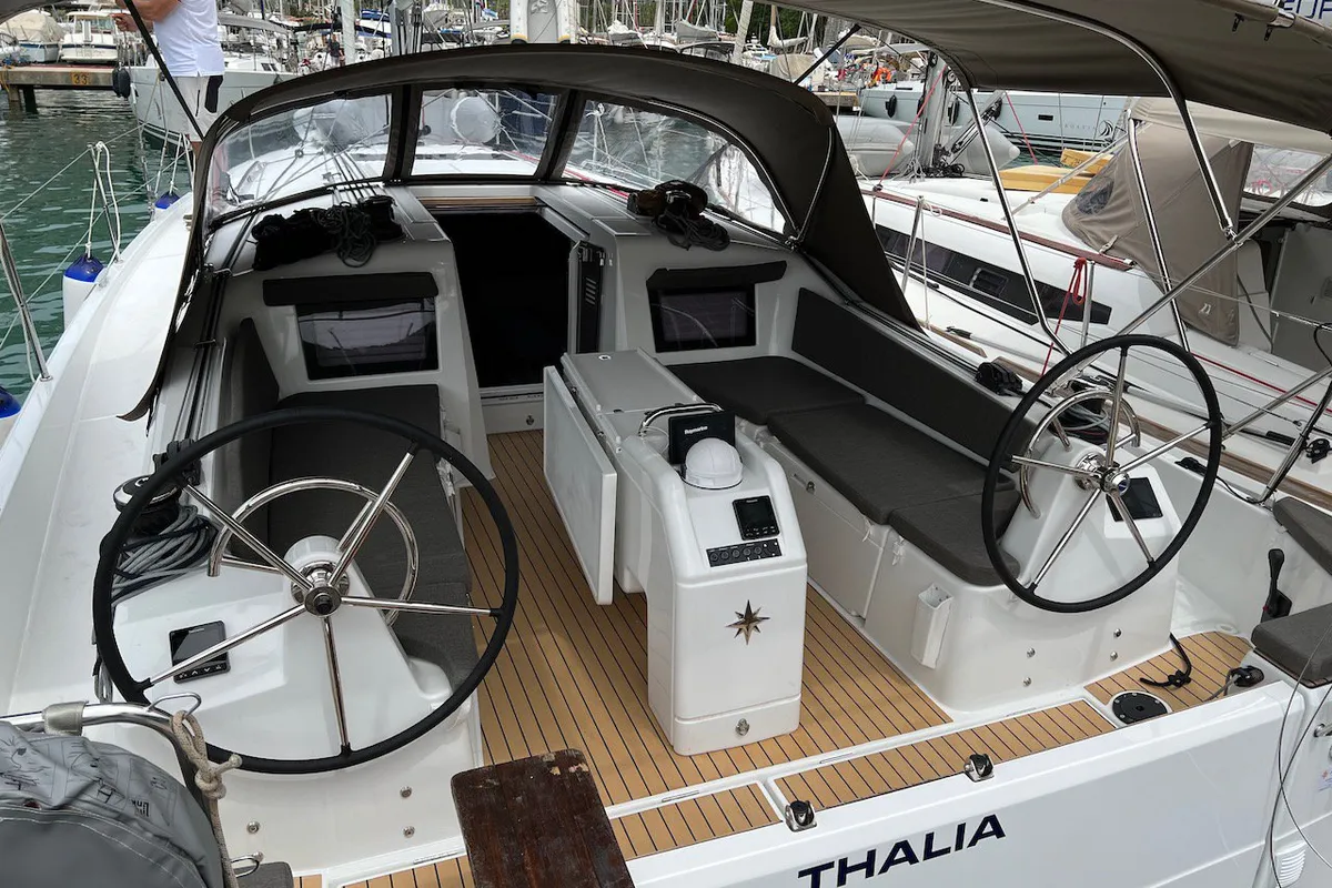 Cockpit of Thalia, a Jeanneau Sun Odyssey 410 sailboat at Grad Pula, Croatia
